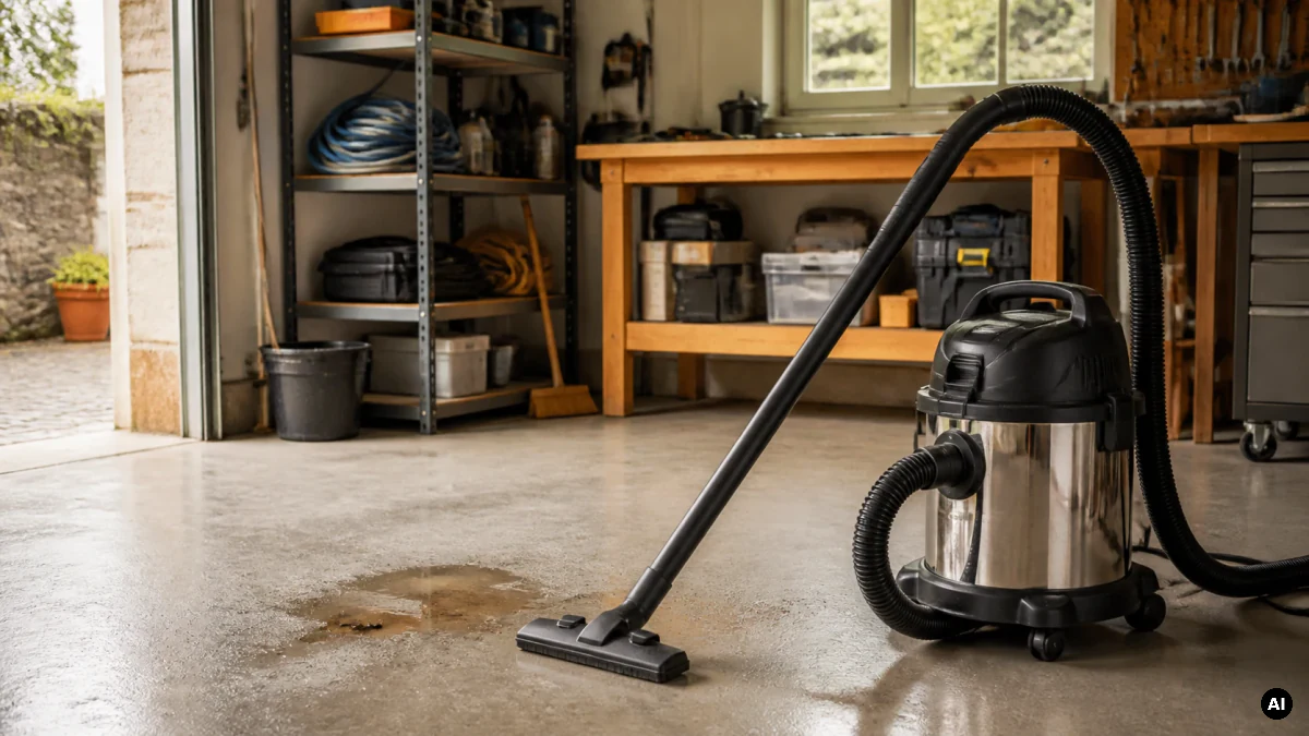 Aspirador de líquidos e sólidos com mangueira numa garagem com prateleiras.