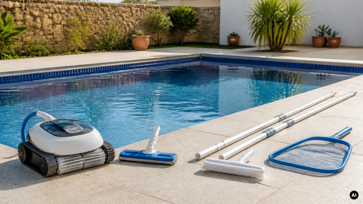 Aspirador manual, robô e rede de limpeza junto a uma piscina.