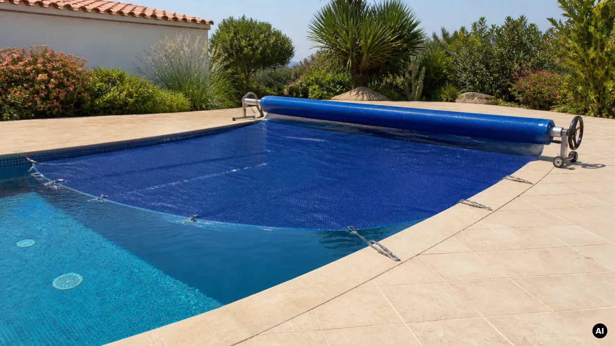 Piscina coberta com uma lona azul e um enrolador junto ao bordo.
