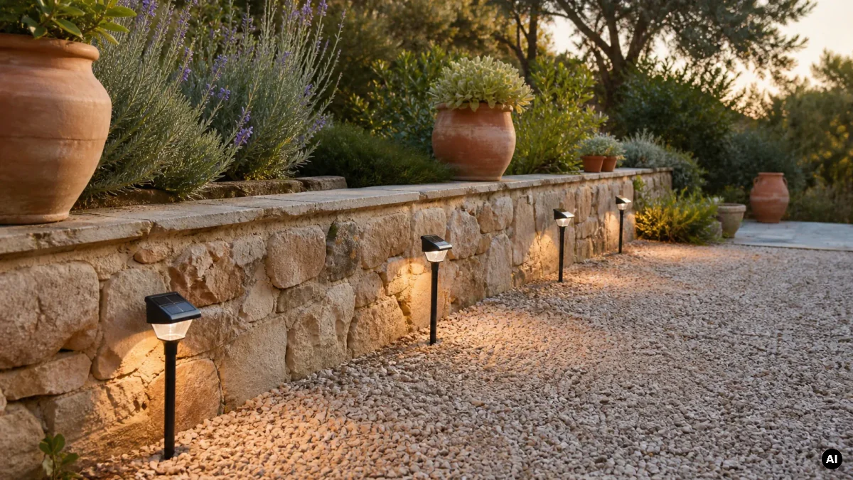 Pequenas luminárias ao longo de um caminho de jardim.