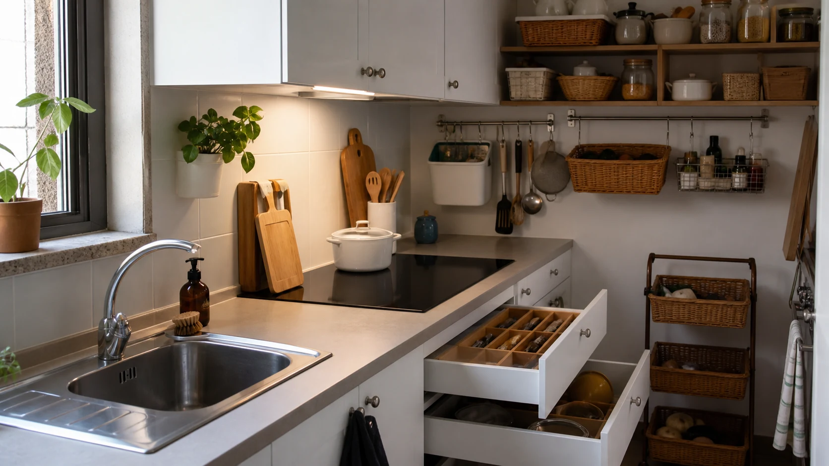 Imagem editorial do guia Produtos para organizar cozinha pequena