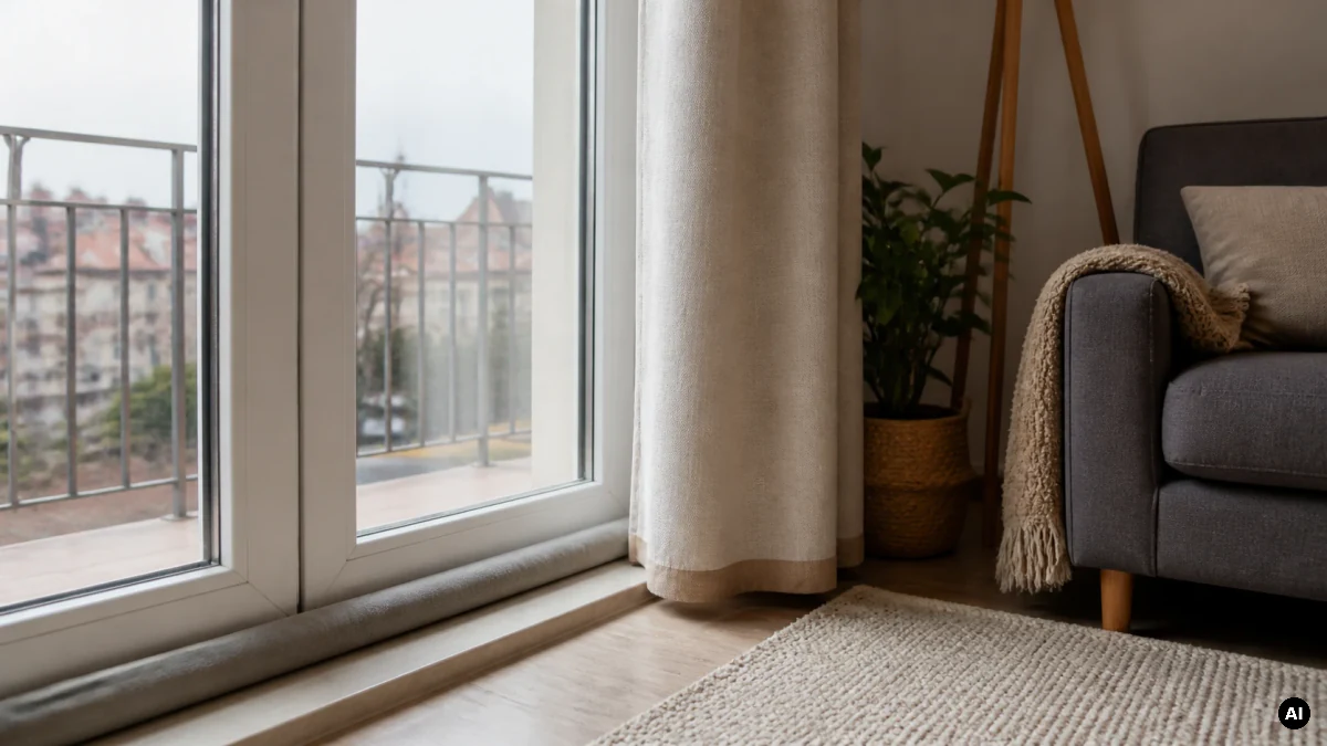 Janela e porta de varanda numa sala com cortinas.